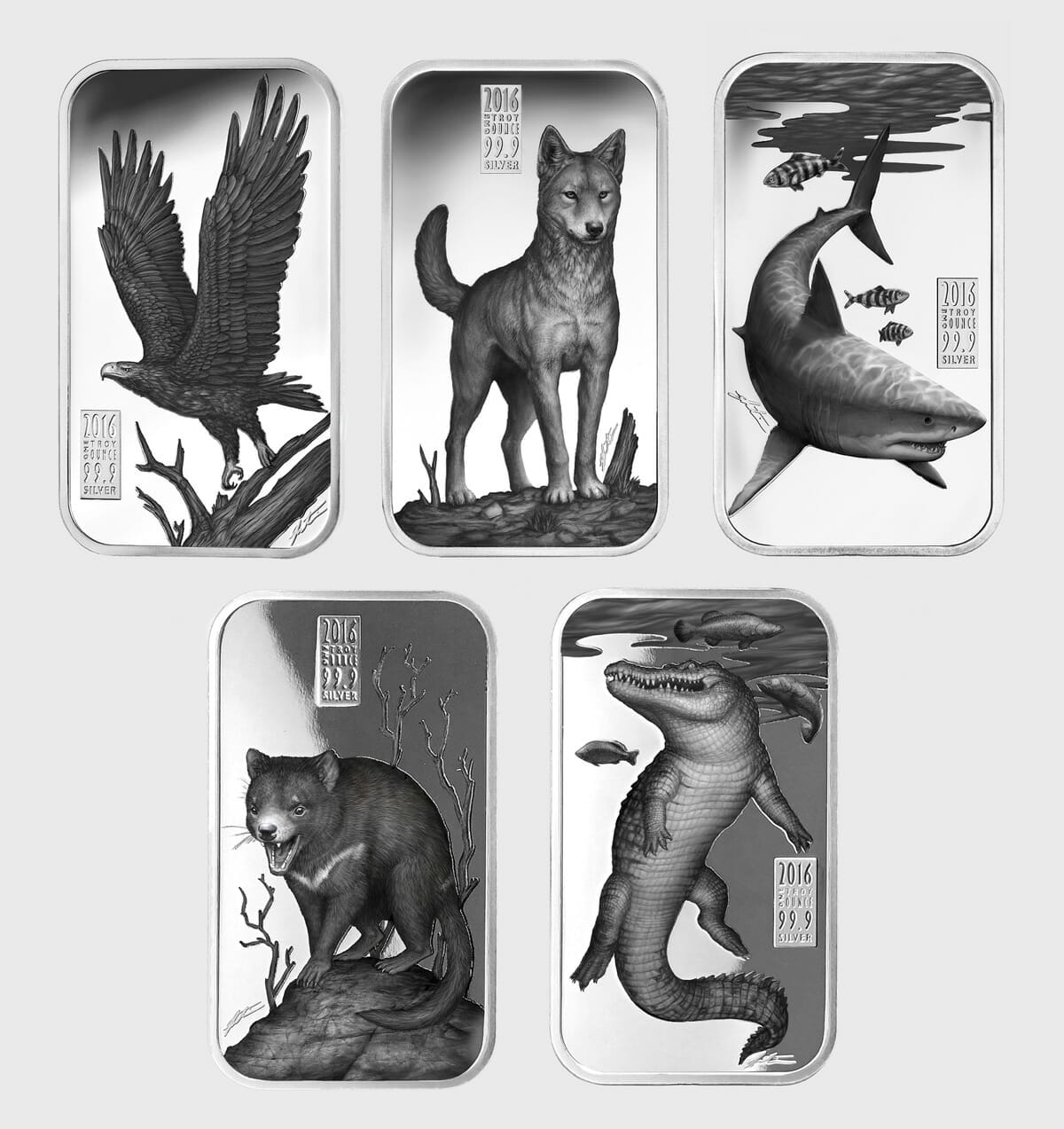 Coin designs for the Australian Apex Predators coin series; wedge-tailed eagle, dingo, great white shark, tasmanian devil and crocodile