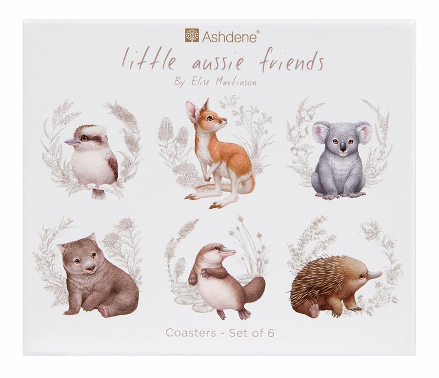 Picture of Little Aussie Friends article showing baby Australian animal tableware - coaster packaging