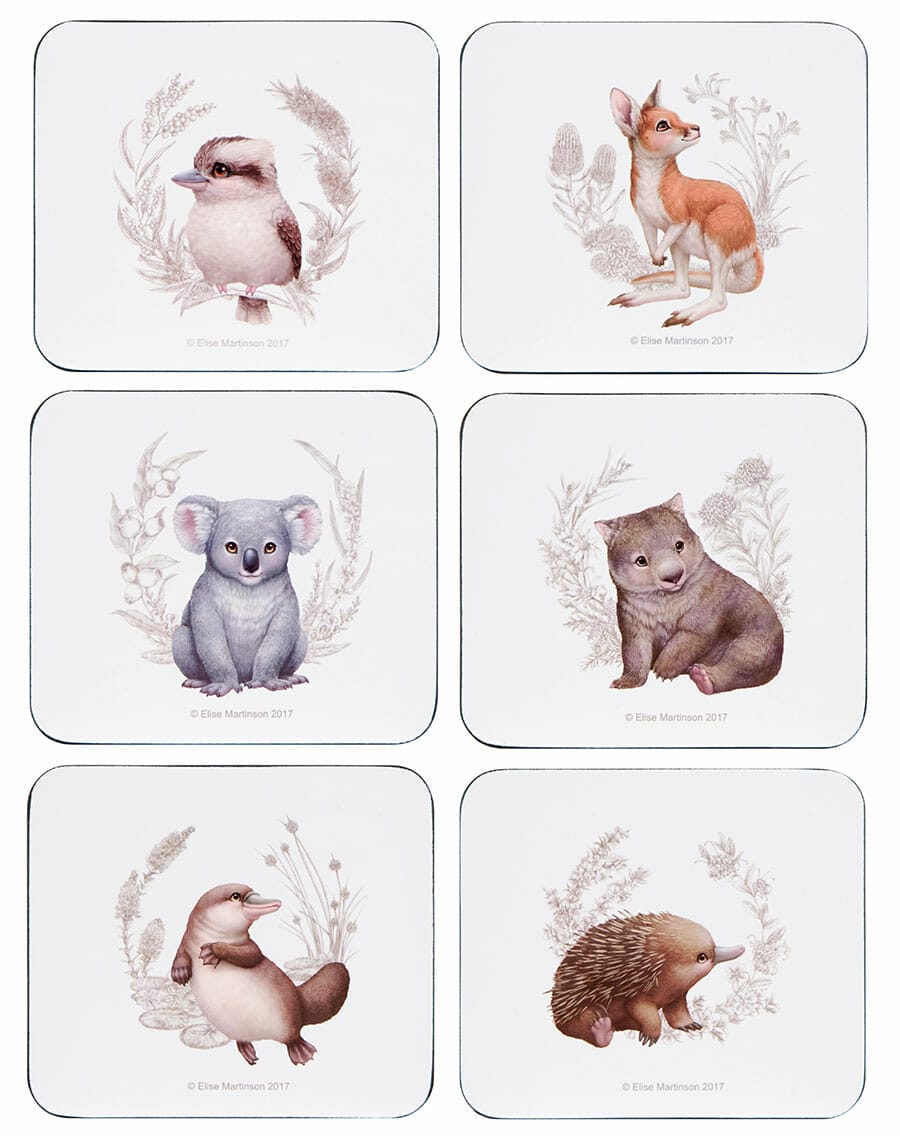Picture of Little Aussie Friends article showing baby Australian animal tableware - coaster set