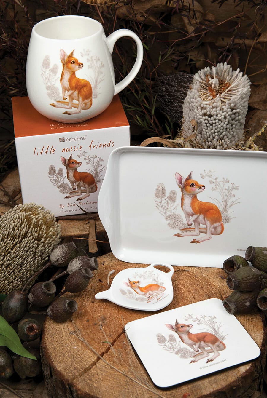 Picture of Little Aussie Friends article showing baby Australian animal tableware kangaroo product group shot