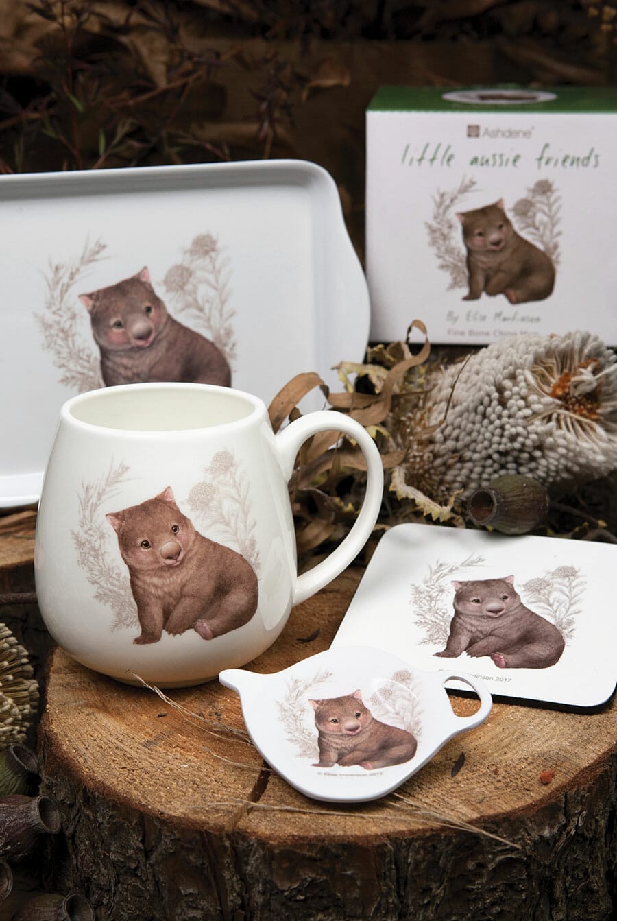 Picture of Little Aussie Friends article showing baby Australian animal tableware wombat product group shot