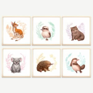 Six Australian animal art prints shown in frames