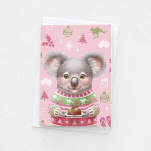 A Christmas Card featuring a cute koala in an "ugly christmas sweater"