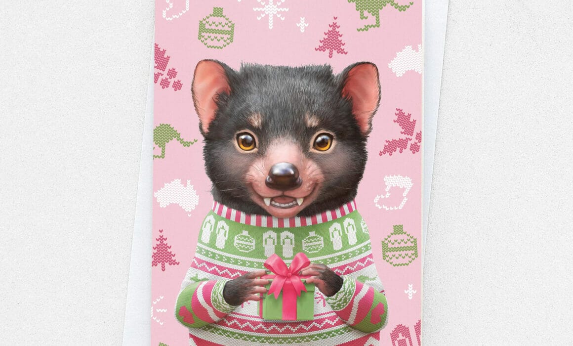 A Christmas Card featuring a cute Tasmanian devil in an "ugly christmas sweater"