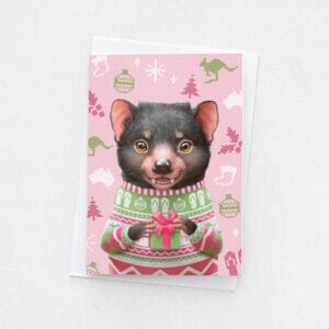 A Christmas Card featuring a cute Tasmanian devil in an "ugly christmas sweater"