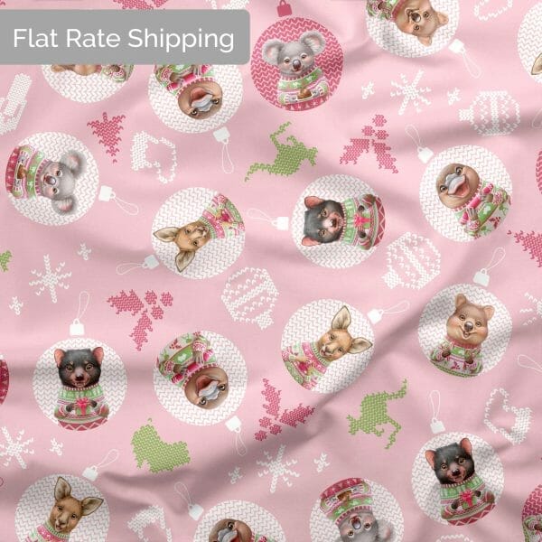 Aussie Friends Festive Fun Fabric - Pink Bauble - 50cm