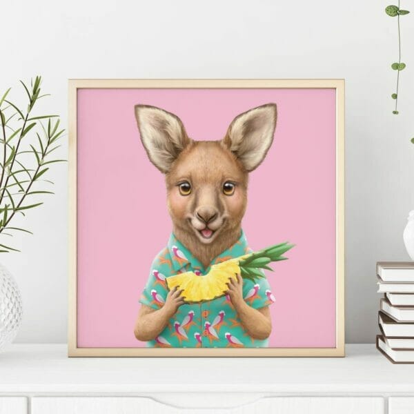 A framed kangaroo art print of a kangaroo holding a pineapple