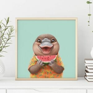 A framed platypus art print of a platypus holding a watermelon