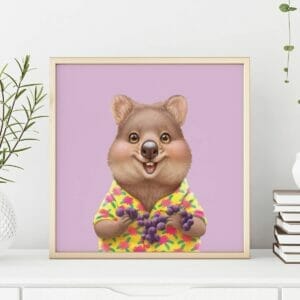 A quokka art print in a frame. The quokka is holding a grapes