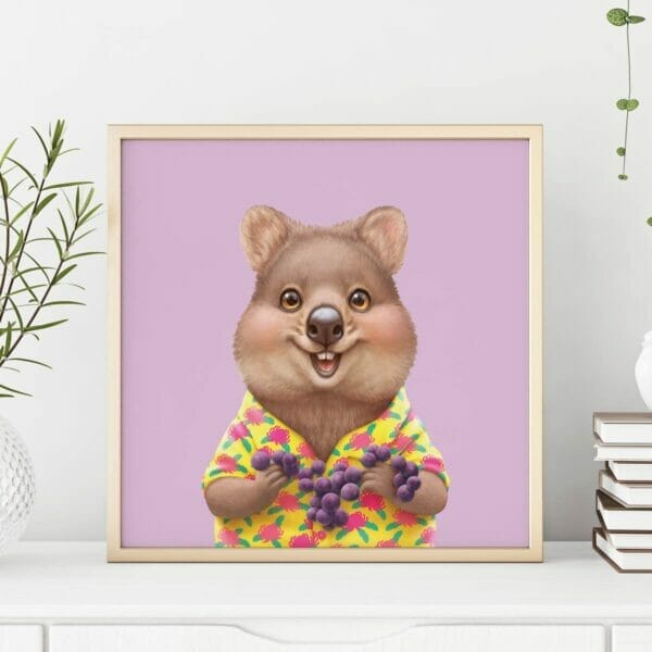 A quokka art print in a frame. The quokka is holding a grapes