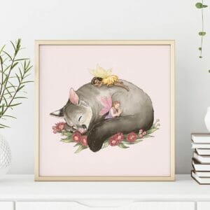 Framed art print of fairies resting on Australian possum