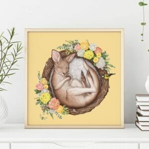 Art print of baby kangaroo sleeping in a nest