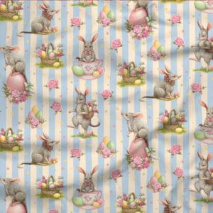 Easter Bilby Fabric with a blue stripe background