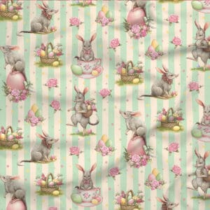 Easter Bilby Fabric with a mint stripe background