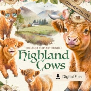 Image showcasing the highland cows clipart bundle