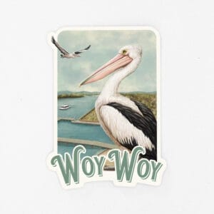 A vinyl sticker featuring a pelican, image of Woy Woy tidal baths and Memorial park and decorative text that says "Woy Woy"