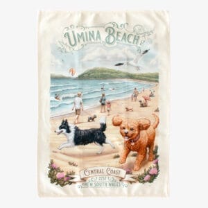 Tea towel featuring illustration of Umina Beach by local artist Elise Martinson. Beach Scene depicts dogs and humans enjoying the beach.